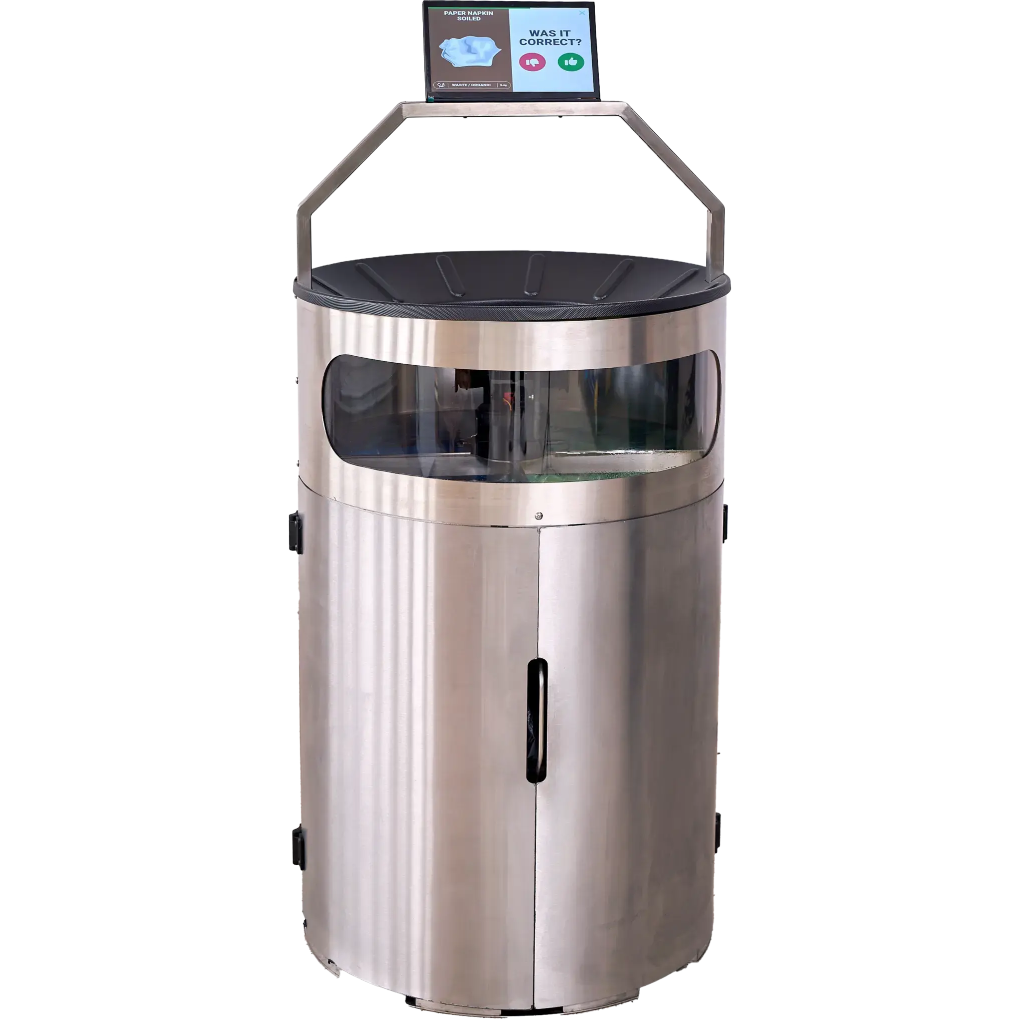 Srebrny kosz Ameru S-mart Bin, czyli inteligentny system sortowania odpadów wykorzystuje AI do automatycznego kategoryzowania odpadów na cztery frakcje: plastik/metal, papier/karton, szkło i odpady ogólne